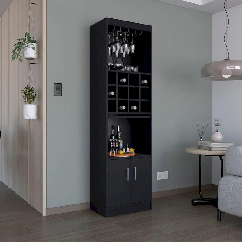 71" Meuble de Bar Haut 5 Niveaux, Meuble de Bar Moderne avec Porte-Verres, Casier à Verres à Pied, Meuble à Vins, 12 Casiers à Bouteilles, 5 Étagères