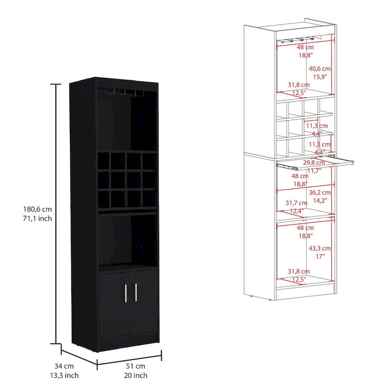 71" Meuble de Bar Haut 5 Niveaux, Meuble de Bar Moderne avec Porte-Verres, Casier à Verres à Pied, Meuble à Vins, 12 Casiers à Bouteilles, 5 Étagères
