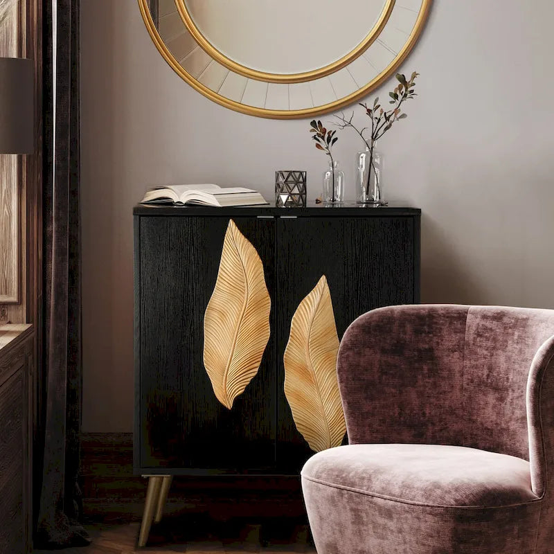 Evari Vintage Meuble d'appoint 2 portes, buffet, étagère de rangement doré antique pour salon/salle à manger – L80 x P39 x H94 cm
