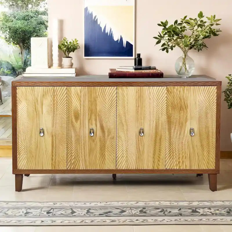 Bahut de rangement de 152 cm, grand buffet avec 4 portes, motif sculpté, meuble d'appoint vintage pour salle à manger