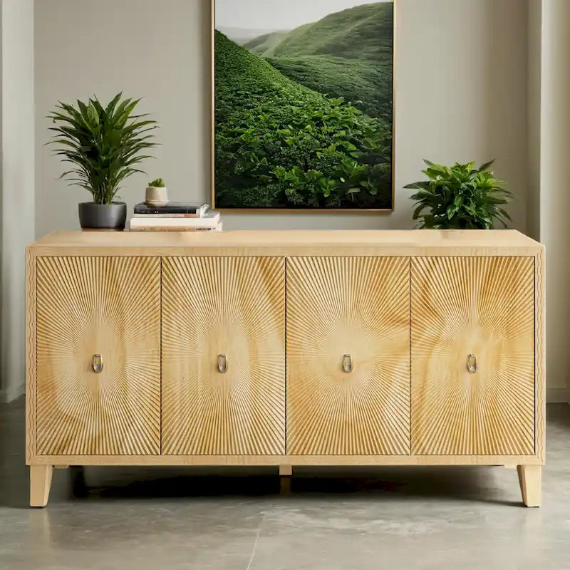 Bahut de rangement de 152 cm, grand buffet avec 4 portes, motif sculpté, meuble d'appoint vintage pour salle à manger