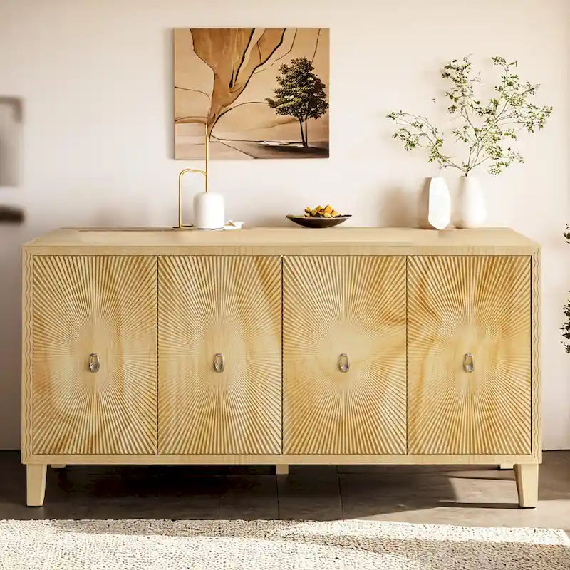 Bahut de rangement de 152 cm, grand buffet avec 4 portes, motif sculpté, meuble d'appoint vintage pour salle à manger