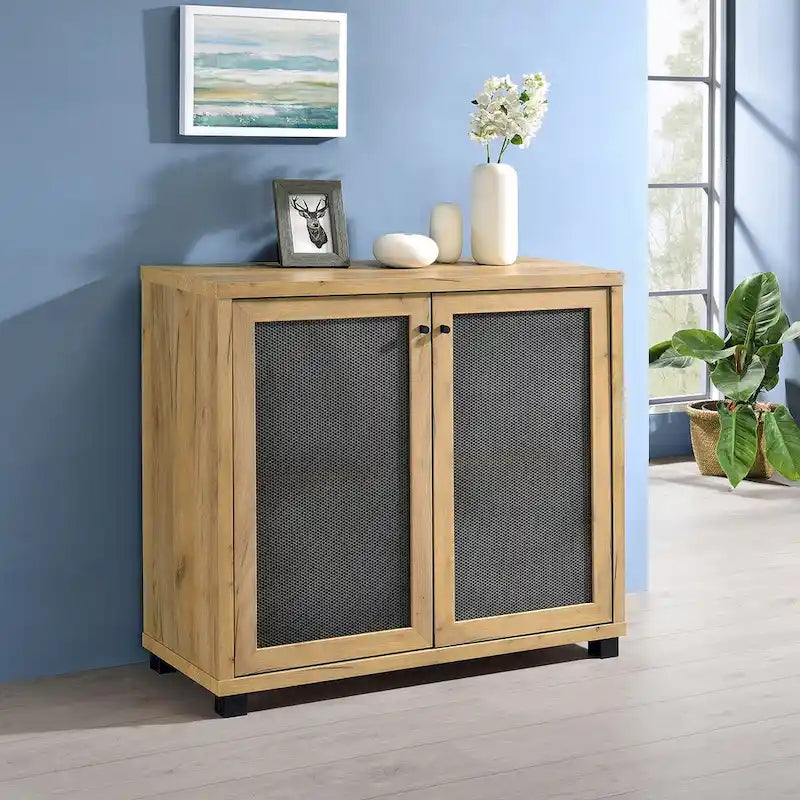 Meuble d'appoint 2 portes avec pieds en métal, chêne doré et noir