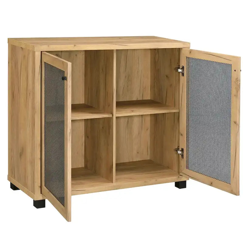 Meuble d'appoint 2 portes avec pieds en métal, chêne doré et noir
