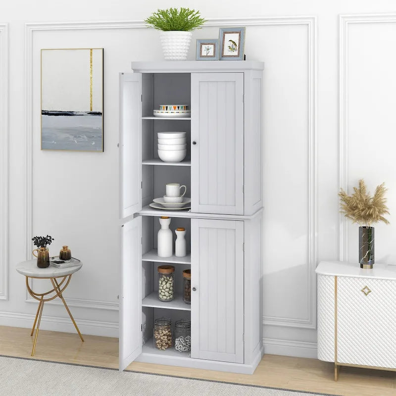 Armoire de cuisine haute autoportante, organisateur de rangement avec 4 portes et étagères réglables