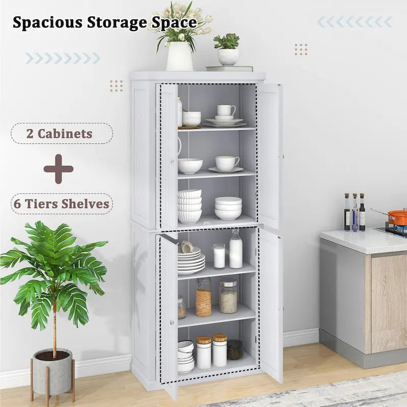 Armoire de cuisine haute autoportante, organisateur de rangement avec 4 portes et étagères réglables