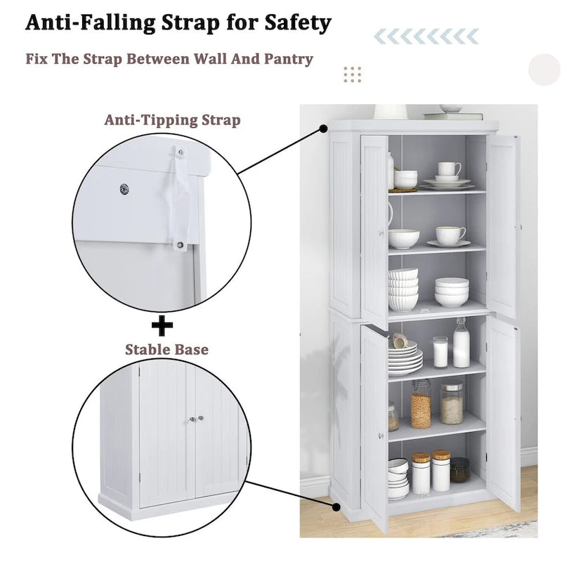 Armoire de cuisine haute autoportante, organisateur de rangement avec 4 portes et étagères réglables