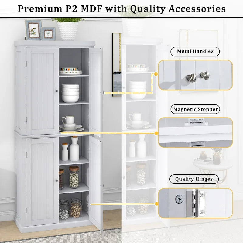 Armoire de cuisine haute autoportante, organisateur de rangement avec 4 portes et étagères réglables