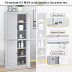 Armoire de cuisine haute autoportante, organisateur de rangement avec 4 portes et étagères réglables