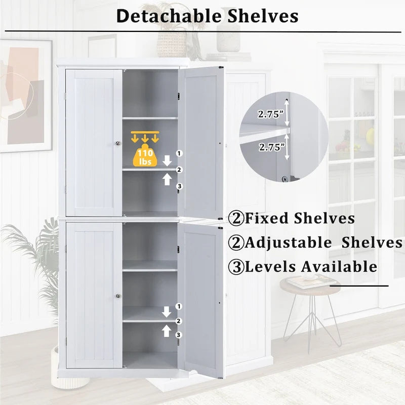 Armoire de cuisine haute autoportante, organisateur de rangement avec 4 portes et étagères réglables