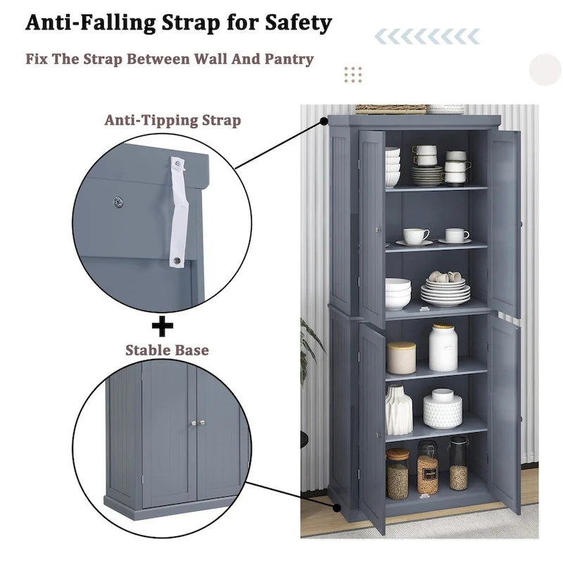Armoire de cuisine haute autoportante, organisateur de rangement avec 4 portes et étagères réglables