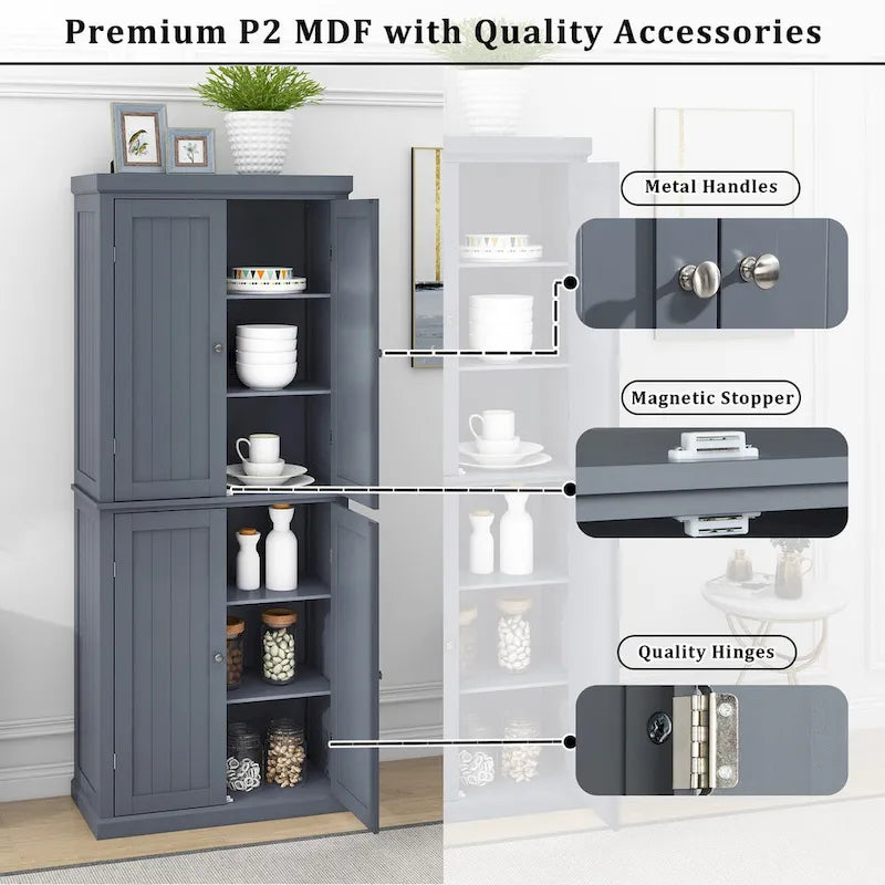 Armoire de cuisine haute autoportante, organisateur de rangement avec 4 portes et étagères réglables