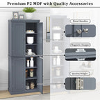 Armoire de cuisine haute autoportante, organisateur de rangement avec 4 portes et étagères réglables