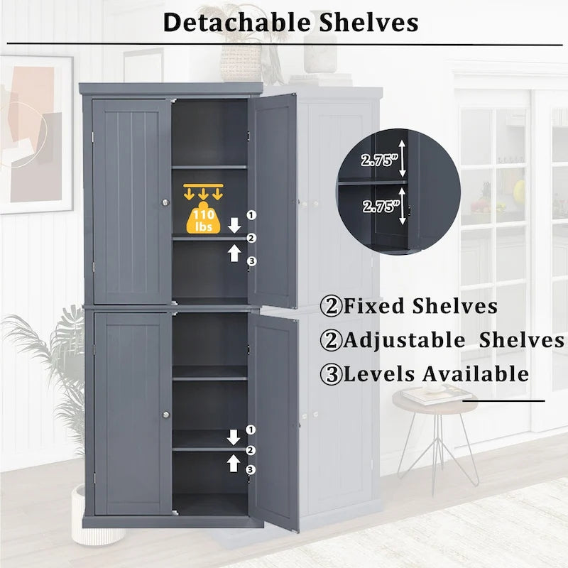 Armoire de cuisine haute autoportante, organisateur de rangement avec 4 portes et étagères réglables