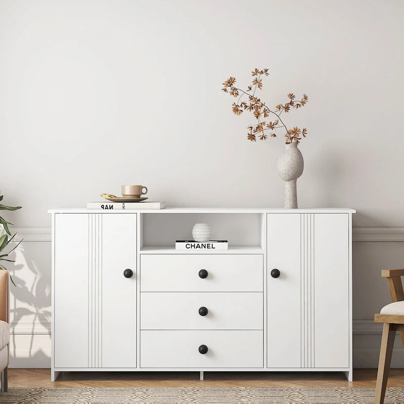 Meuble de rangement blanc de 76 cm de haut avec étagères réglables, buffet bahut moderne avec 3 tiroirs et portes