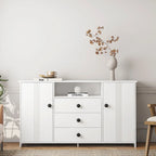 Meuble de rangement blanc de 76 cm de haut avec étagères réglables, buffet bahut moderne avec 3 tiroirs et portes