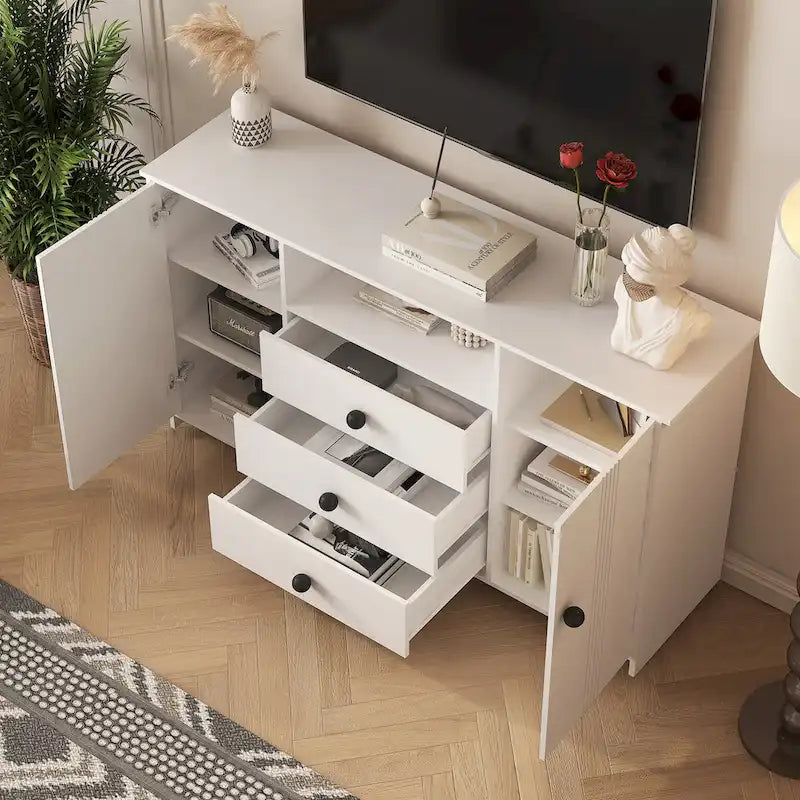 Meuble de rangement blanc de 76 cm de haut avec étagères réglables, buffet bahut moderne avec 3 tiroirs et portes