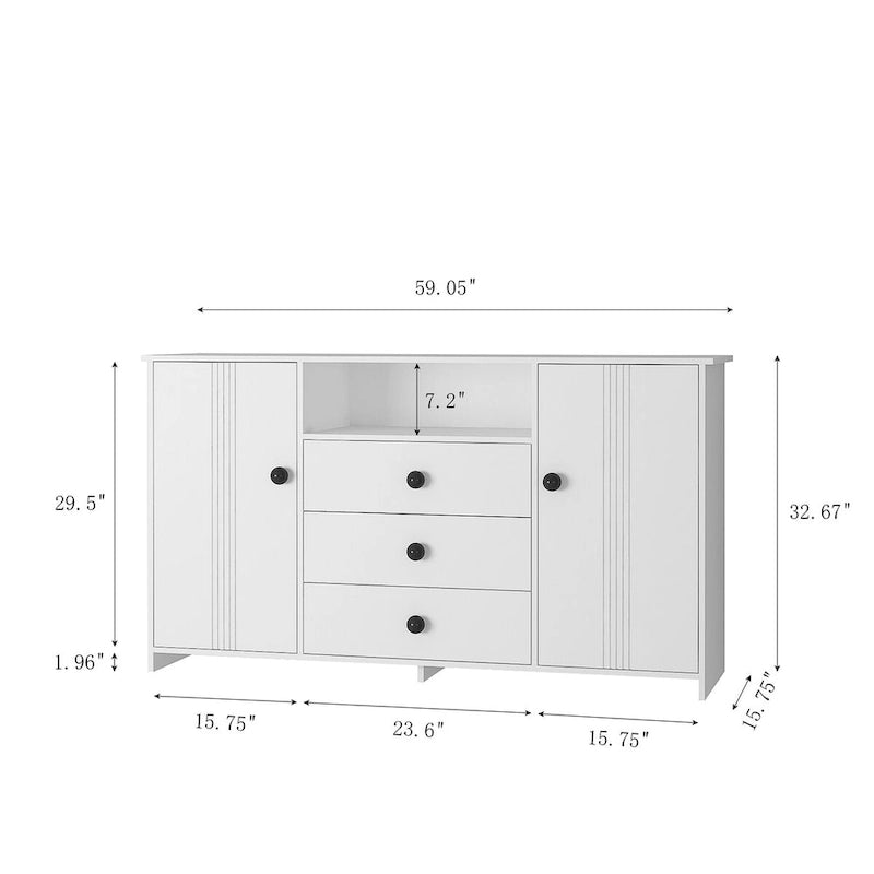 Meuble de rangement blanc de 76 cm de haut avec étagères réglables, buffet bahut moderne avec 3 tiroirs et portes