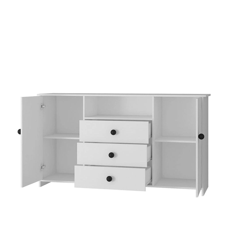 Meuble de rangement blanc de 76 cm de haut avec étagères réglables, buffet bahut moderne avec 3 tiroirs et portes