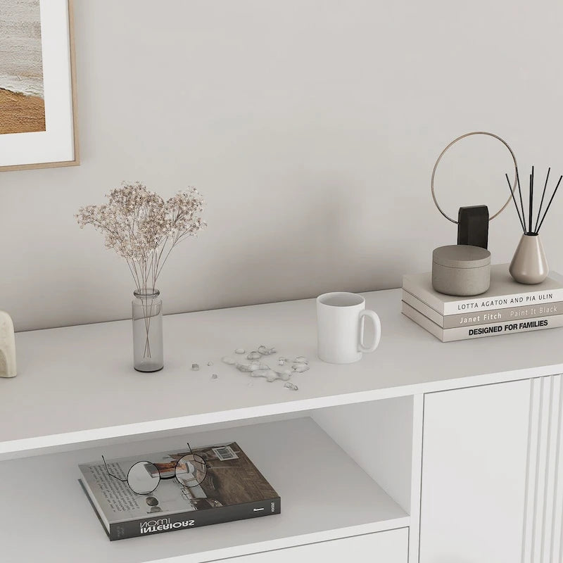 Meuble de rangement blanc de 76 cm de haut avec étagères réglables, buffet bahut moderne avec 3 tiroirs et portes