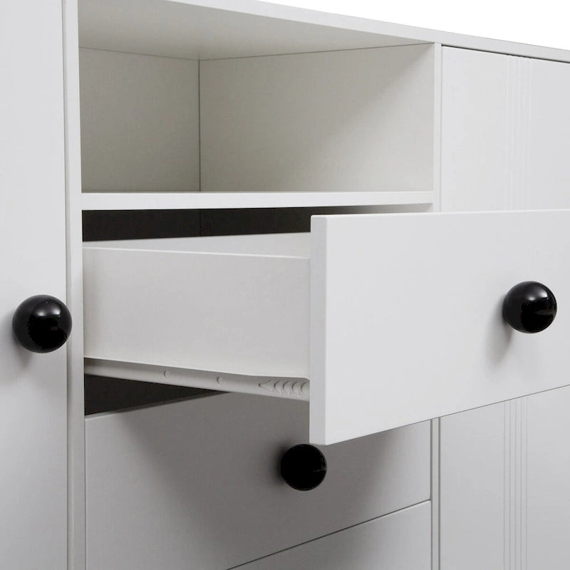 Meuble de rangement blanc de 76 cm de haut avec étagères réglables, buffet bahut moderne avec 3 tiroirs et portes