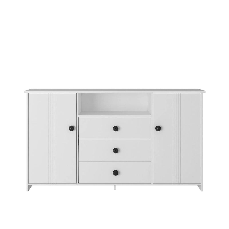 Meuble de rangement blanc de 76 cm de haut avec étagères réglables, buffet bahut moderne avec 3 tiroirs et portes