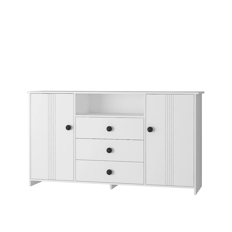 Meuble de rangement blanc de 76 cm de haut avec étagères réglables, buffet bahut moderne avec 3 tiroirs et portes