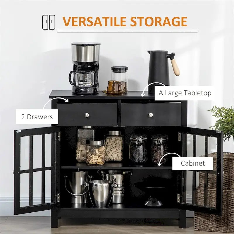 Buffet de cuisine avec portes vitrées, étagère réglable et 2 tiroirs - N/A