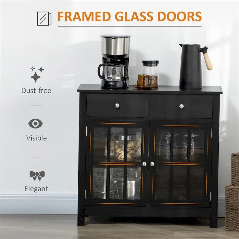 Buffet de cuisine avec portes vitrées, étagère réglable et 2 tiroirs - N/A