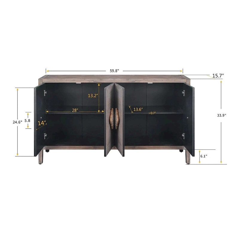 Buffet antique quatre portes, poignée de porte sculptée fleurie