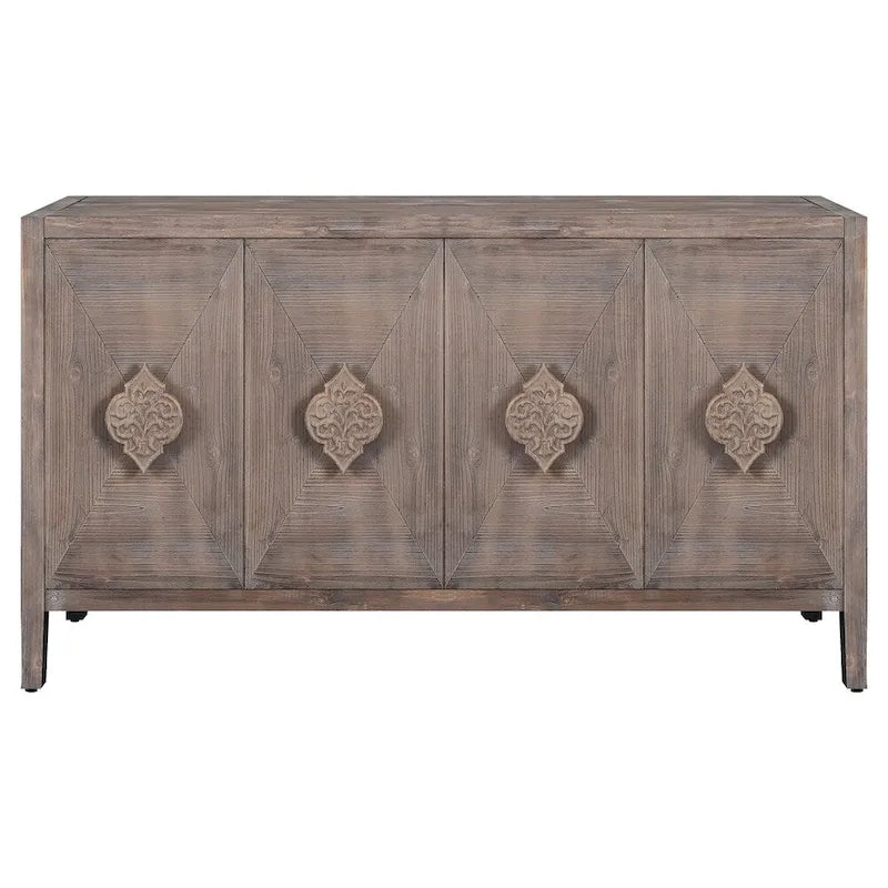 Buffet antique quatre portes, poignée de porte sculptée fleurie