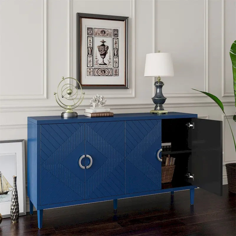 Armoire de rangement 4 portes élégante et fonctionnelle avec pieds en pin et MDF