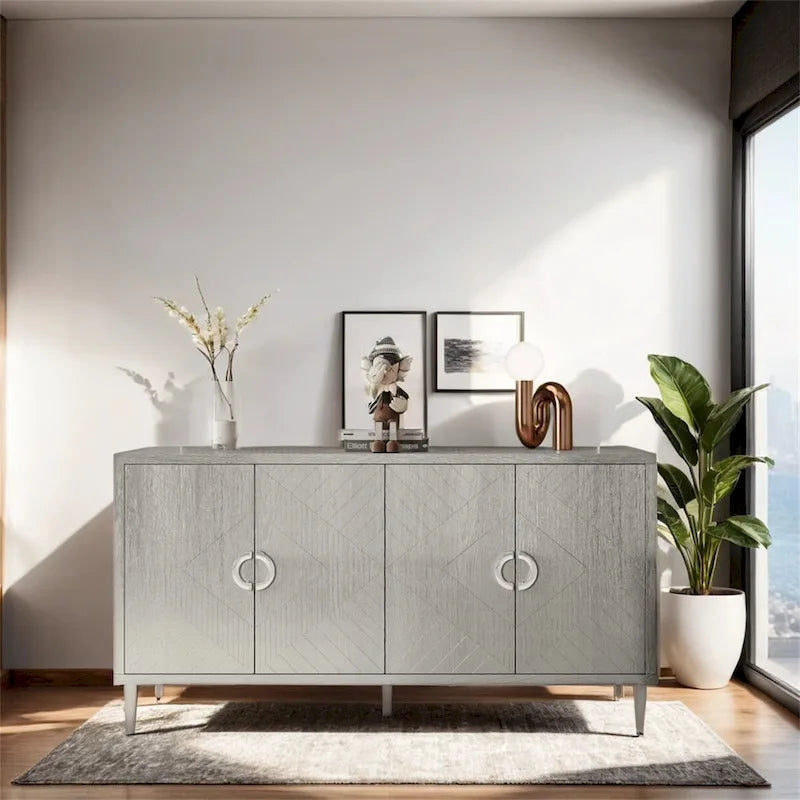 Armoire de rangement 4 portes élégante et fonctionnelle avec pieds en pin et MDF