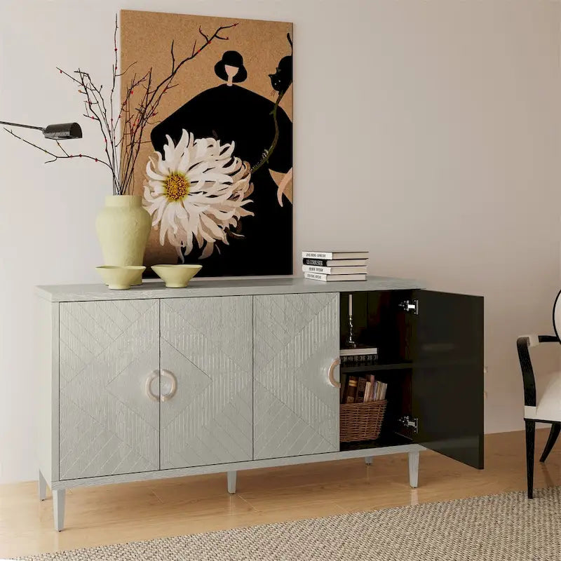 Armoire de rangement 4 portes élégante et fonctionnelle avec pieds en pin et MDF