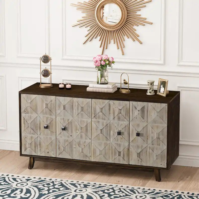 Buffet Vintage 4 Portes de 152 cm, Meuble de Rangement Autonome