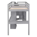 Lit mezzanine une place avec bureau en L, 3 tiroirs, placard, rangements intégrés dans l'escalier, en pin massif/MDF