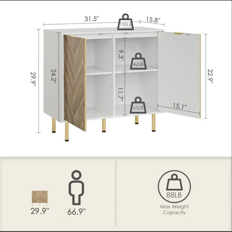 Buffet bas avec deux portes et pieds réglables pour le salon - 31,2P x 29,1L x 15,6H