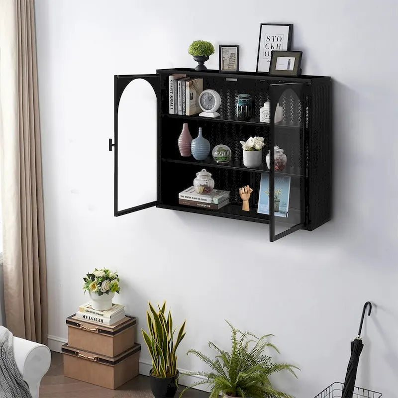 27.56Portes vitrées Armoire murale moderne à deux portes avec trois niveaux de rangement pour l'entrée, avec motif tressé caractéristique