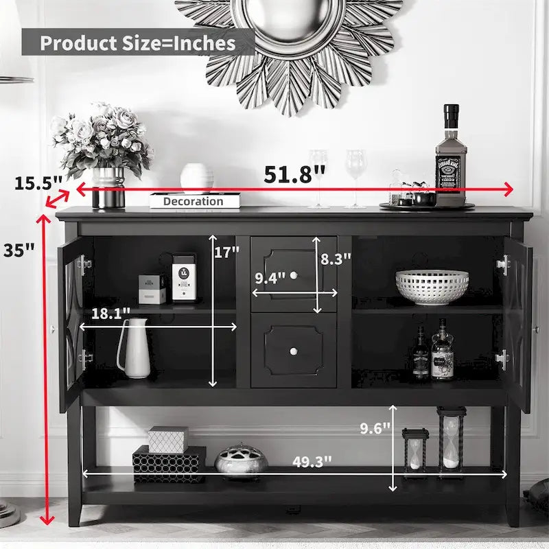 Buffet en bois avec étagères réglables et portes en verre trempé