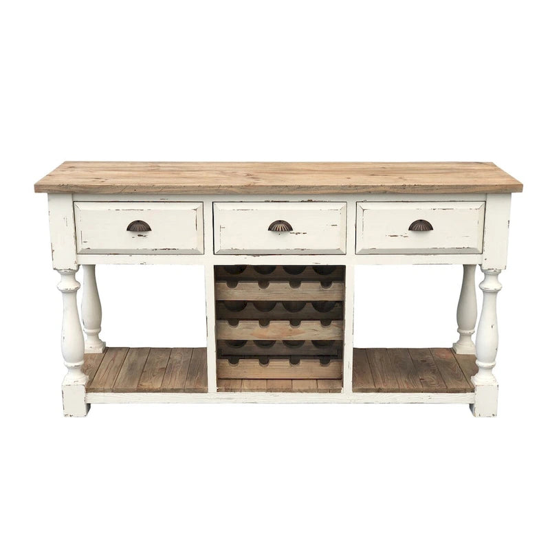 Console de ferme porte-bouteilles, finition craie blanche et plateau naturel