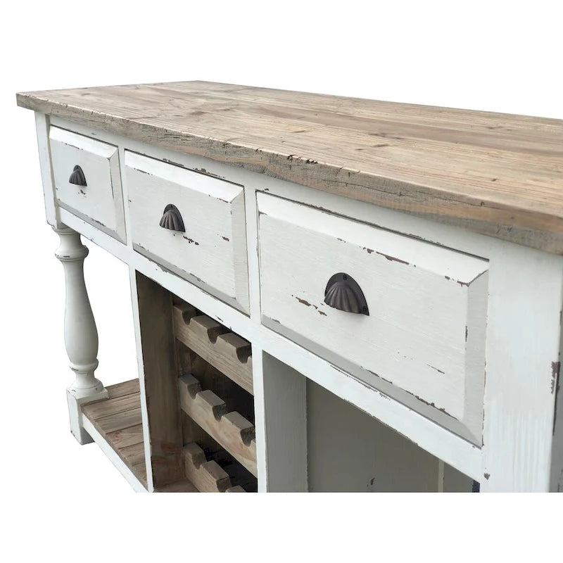 Console de ferme porte-bouteilles, finition craie blanche et plateau naturel