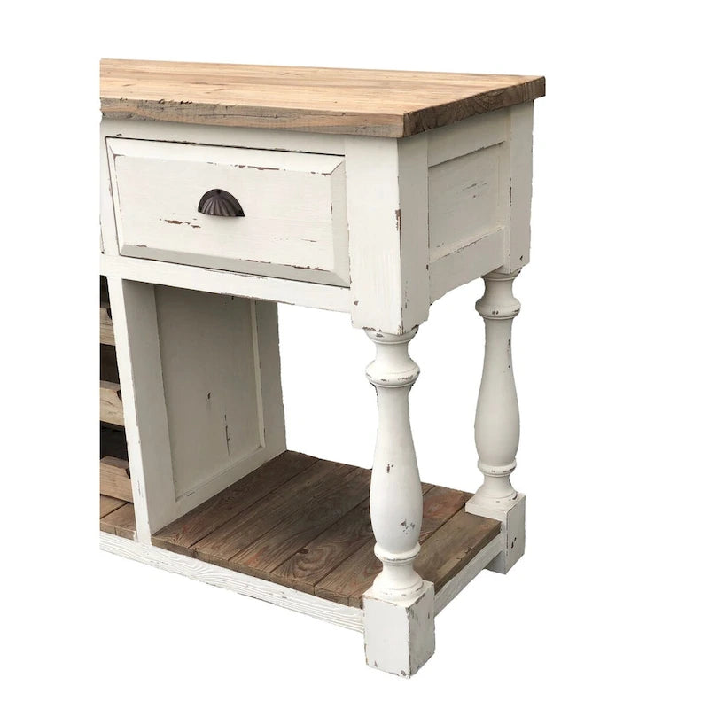 Console de ferme porte-bouteilles, finition craie blanche et plateau naturel