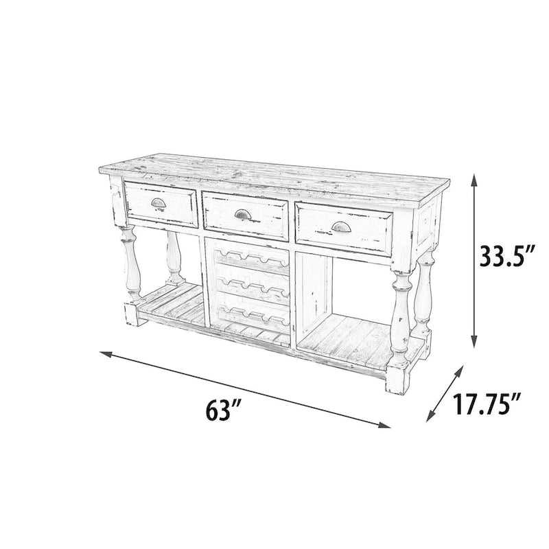 Console de ferme porte-bouteilles, finition craie blanche et plateau naturel