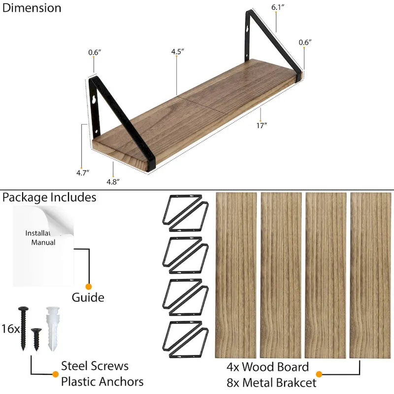 Wallniture Ponza, étagères murales en bois 43 cm de long et 11,4 cm de profondeur, étagère pour cuisine