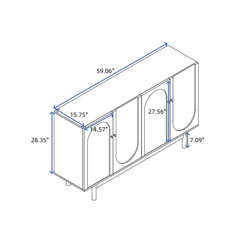 Meuble de rangement fonctionnel à 4 portes avec intaglio et pieds en pin