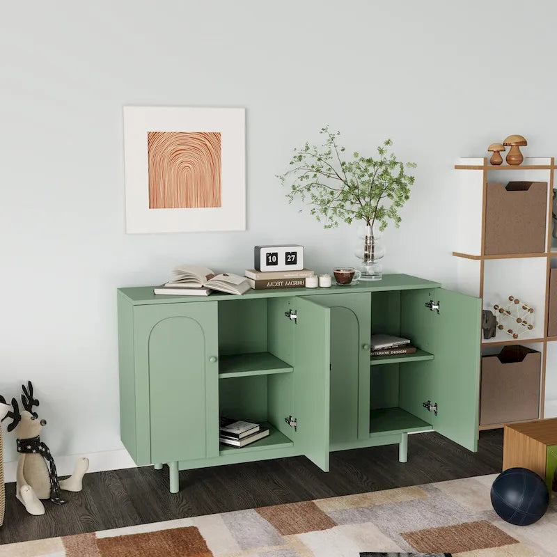 Meuble de rangement fonctionnel à 4 portes avec intaglio et pieds en pin