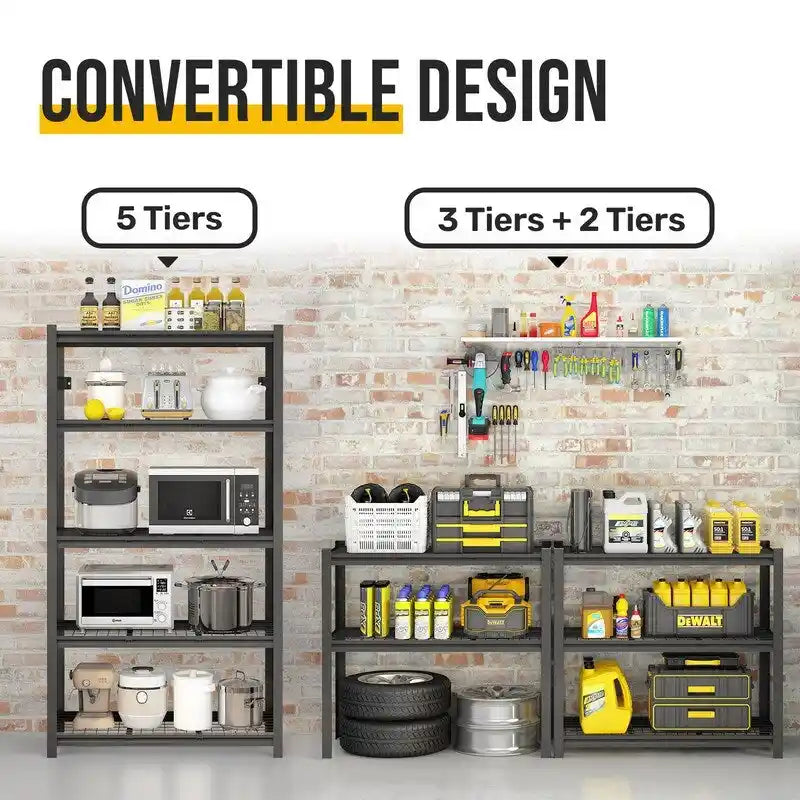 Étagère métallique noire à 5 niveaux réglables pour garage et entrepôt, usage intensif