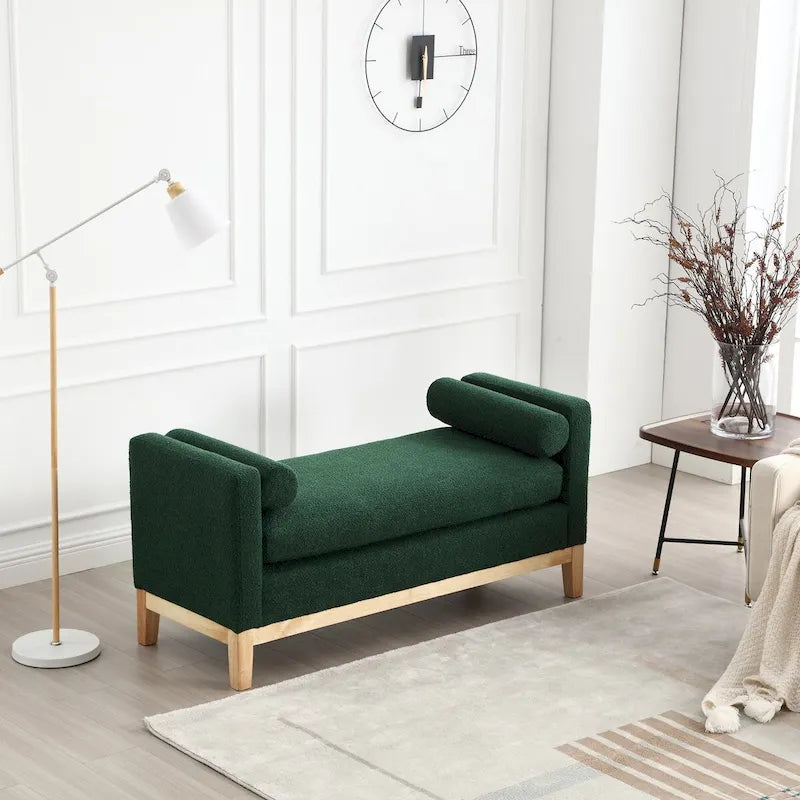 Banc capitonné élégant en boucle de 53,5 po de largeur, pouf avec pieds en bois et traversins