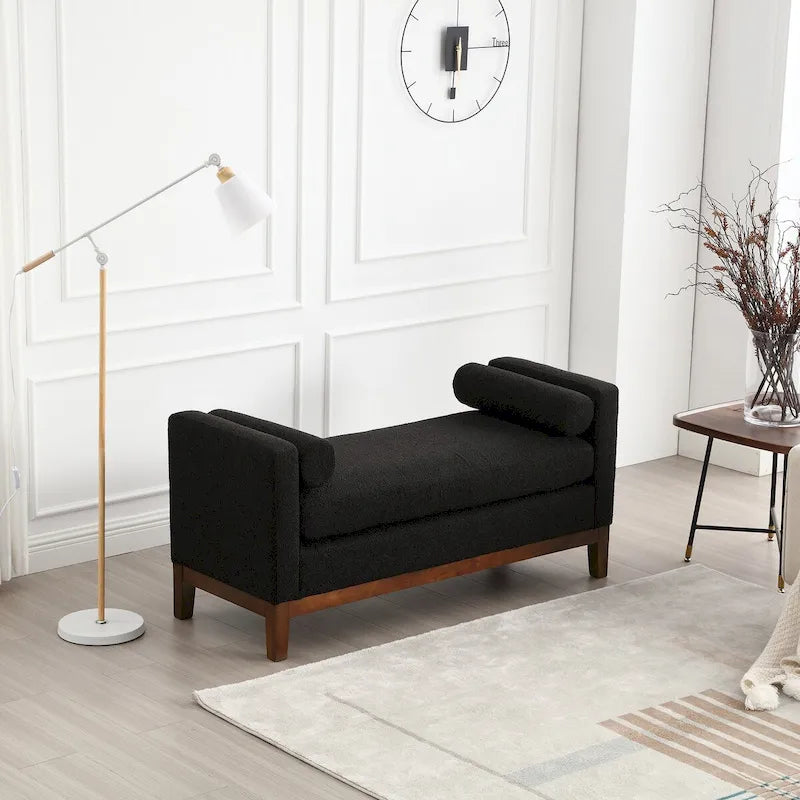 Banc capitonné élégant en boucle de 53,5 po de largeur, pouf avec pieds en bois et traversins