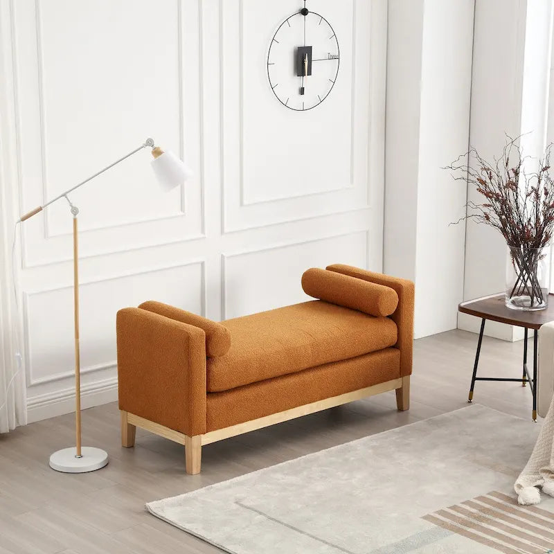 Banc capitonné élégant en boucle de 53,5 po de largeur, pouf avec pieds en bois et traversins